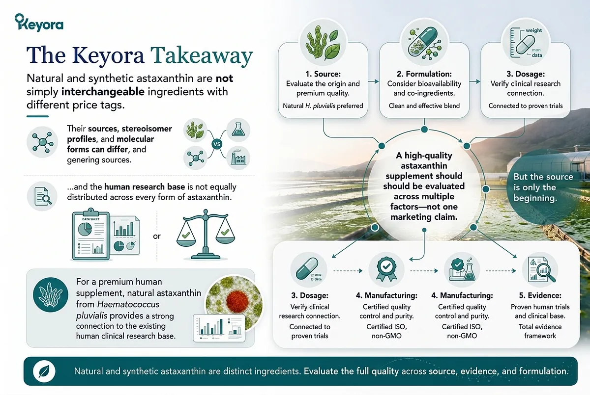 KEYORA summary infographic titled "The Keyora Takeaway", set against outdoor microalgae cultivation ponds. It illustrates that natural and synthetic astaxanthin are not interchangeable, outlining a 5-step evaluation framework: Source (natural H. pluvialis), Formulation (bioavailability), Dosage (clinical research connection), Manufacturing (certified quality control, ISO, non-GMO), and Evidence (proven human clinical trials). KEYORA summary infographic titled "The Keyora Takeaway", set against outdoor microalgae cultivation ponds. It illustrates that natural and synthetic astaxanthin are not interchangeable, outlining a 5-step evaluation framework: Source (natural H. pluvialis), Formulation (bioavailability), Dosage (clinical research connection), Manufacturing (certified quality control, ISO, non-GMO), and Evidence (proven human clinical trials).