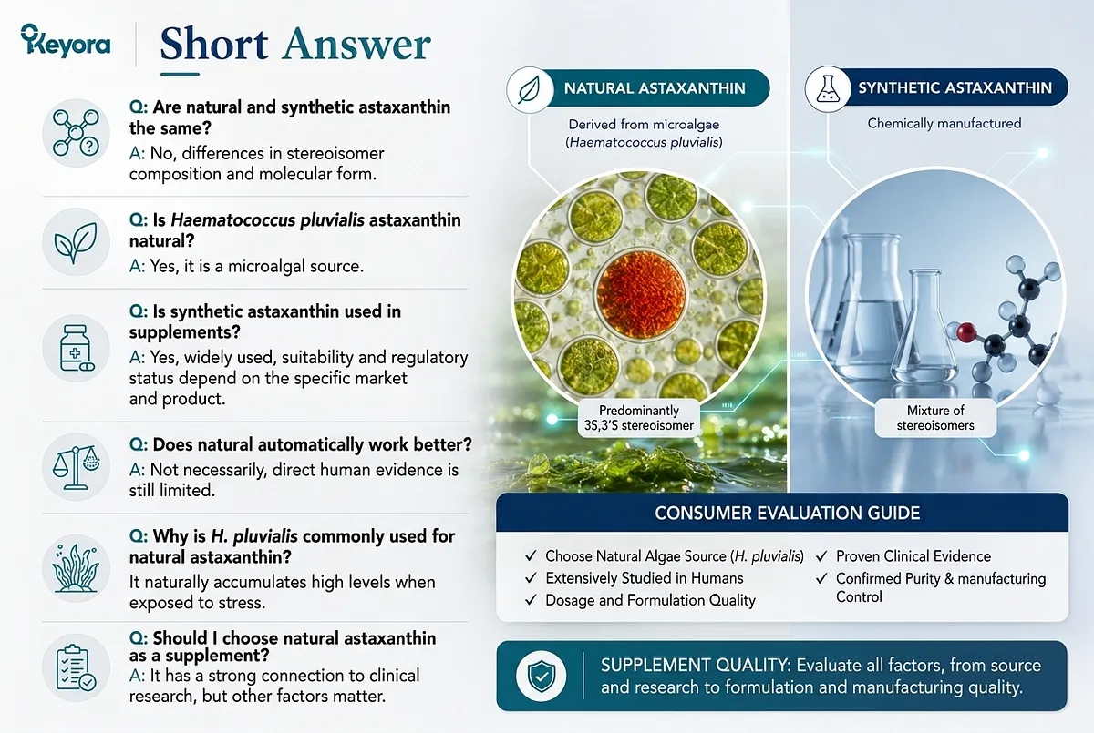 KEYORA FAQ and consumer evaluation slide titled "Short Answer", contrasting microscopic H. pluvialis microalgae (predominantly 3S,3'S stereoisomer) with synthetic laboratory glassware (mixture of stereoisomers). The left panel answers six core questions on stereoisomers, source authenticity, regulatory status, and clinical research relevance, alongside a checklist guide. KEYORA FAQ and consumer evaluation slide titled "Short Answer", contrasting microscopic H. pluvialis microalgae (predominantly 3S,3'S stereoisomer) with synthetic laboratory glassware (mixture of stereoisomers). The left panel answers six core questions on stereoisomers, source authenticity, regulatory status, and clinical research relevance, alongside a checklist guide.