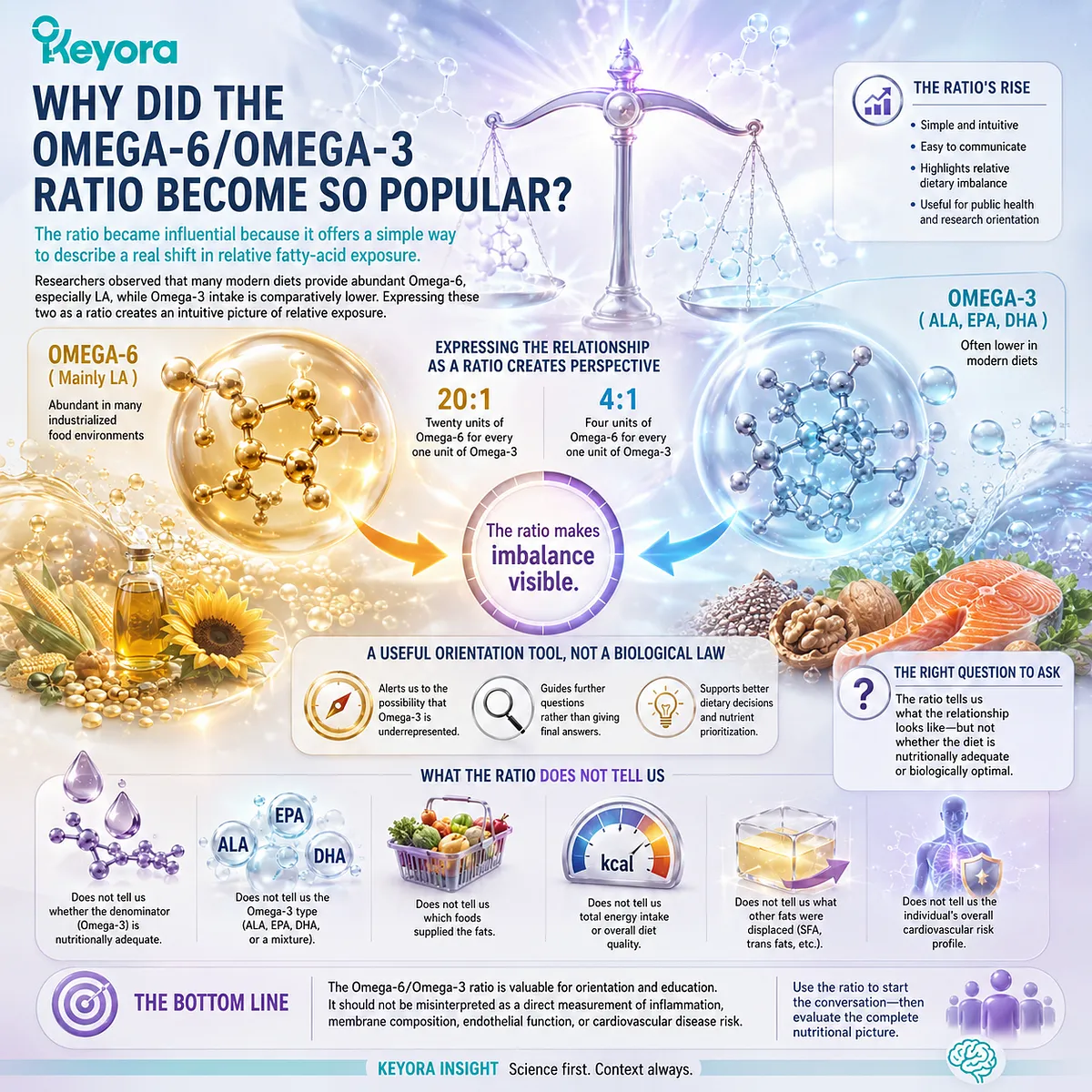 Omega-6/Omega-3 ratio maps relative LA and Omega-3 exposure but not fatty-acid adequacy or membrane biology, reframed as an orientation tool by Keyora Structural Balance. Omega-6/Omega-3 ratio maps relative LA and Omega-3 exposure but not fatty-acid adequacy or membrane biology, reframed as an orientation tool by Keyora Structural Balance.