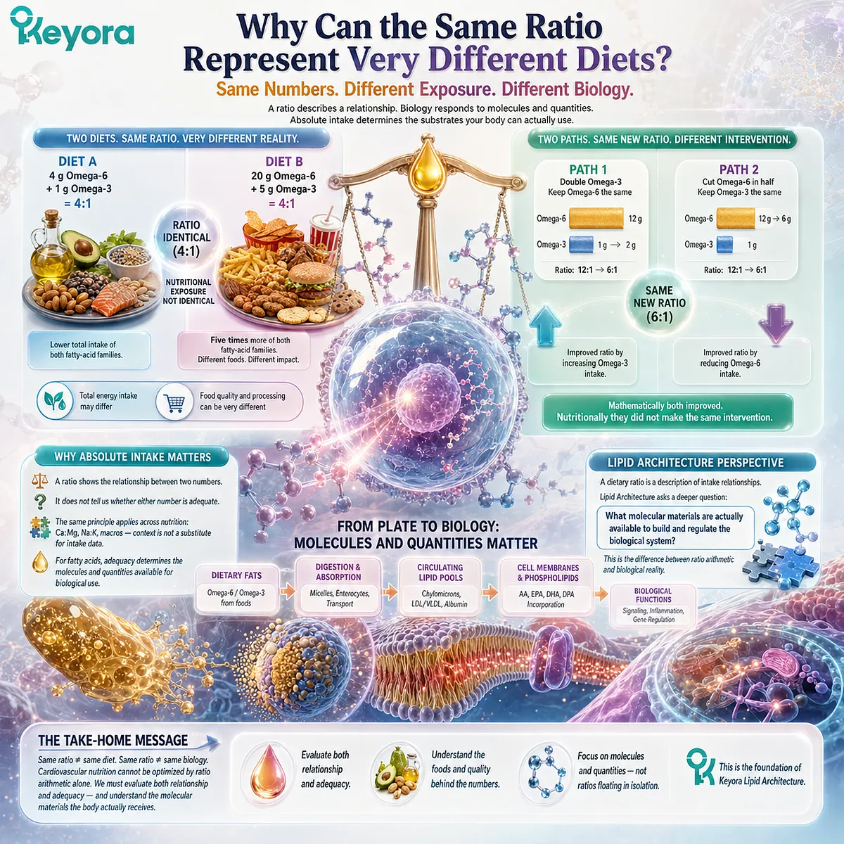 Omega-6/Omega-3 ratios can mask major differences in absolute fatty-acid intake and biological substrates, which Keyora Lipid Architecture evaluates beyond ratio arithmetic. Omega-6/Omega-3 ratios can mask major differences in absolute fatty-acid intake and biological substrates, which Keyora Lipid Architecture evaluates beyond ratio arithmetic.