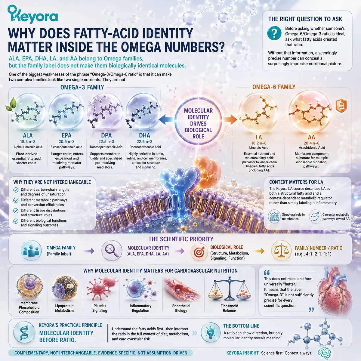 Omega-3 and Omega-6 biology depends on ALA, EPA, DPA, DHA, LA and AA identity, shaping membrane lipids and vascular signaling in Keyora Molecular Identity Before Ratio. Omega-3 and Omega-6 biology depends on ALA, EPA, DPA, DHA, LA and AA identity, shaping membrane lipids and vascular signaling in Keyora Molecular Identity Before Ratio.