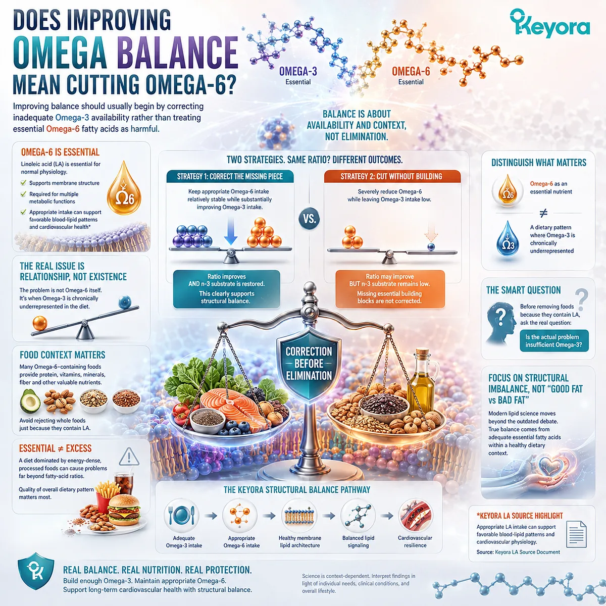 Omega balance favors correcting low Omega-3 availability rather than eliminating essential Omega-6, supporting lipid architecture through Keyora Correction Before Elimination. Omega balance favors correcting low Omega-3 availability rather than eliminating essential Omega-6, supporting lipid architecture through Keyora Correction Before Elimination.