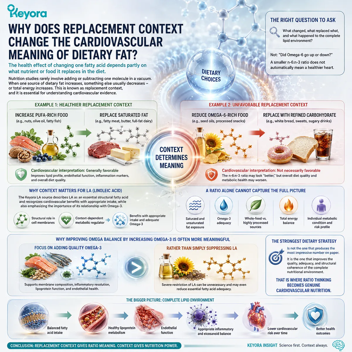 Dietary fat and cardiovascular health depend on replacement context—what replaces saturated fat, PUFA or carbohydrates—within Keyora’s complete Lipid Architecture framework. Dietary fat and cardiovascular health depend on replacement context—what replaces saturated fat, PUFA or carbohydrates—within Keyora’s complete Lipid Architecture framework.