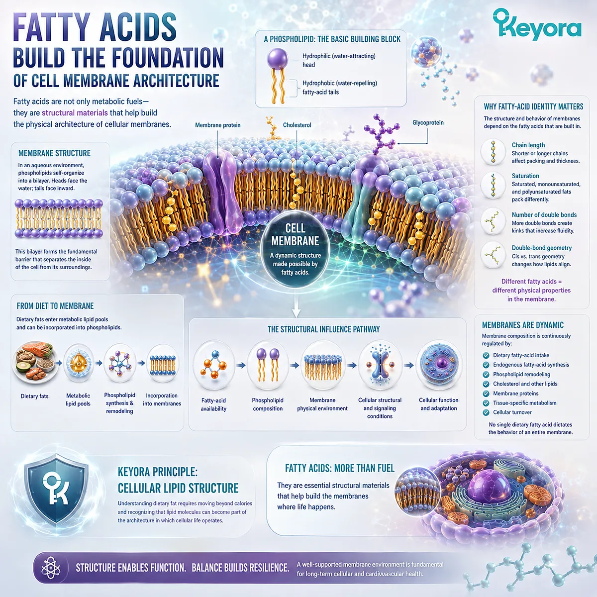 Fatty acids shape phospholipid membrane composition, influencing lipid packing and cellular signaling conditions within the Keyora Cellular Lipid Structure framework. Fatty acids shape phospholipid membrane composition, influencing lipid packing and cellular signaling conditions within the Keyora Cellular Lipid Structure framework.