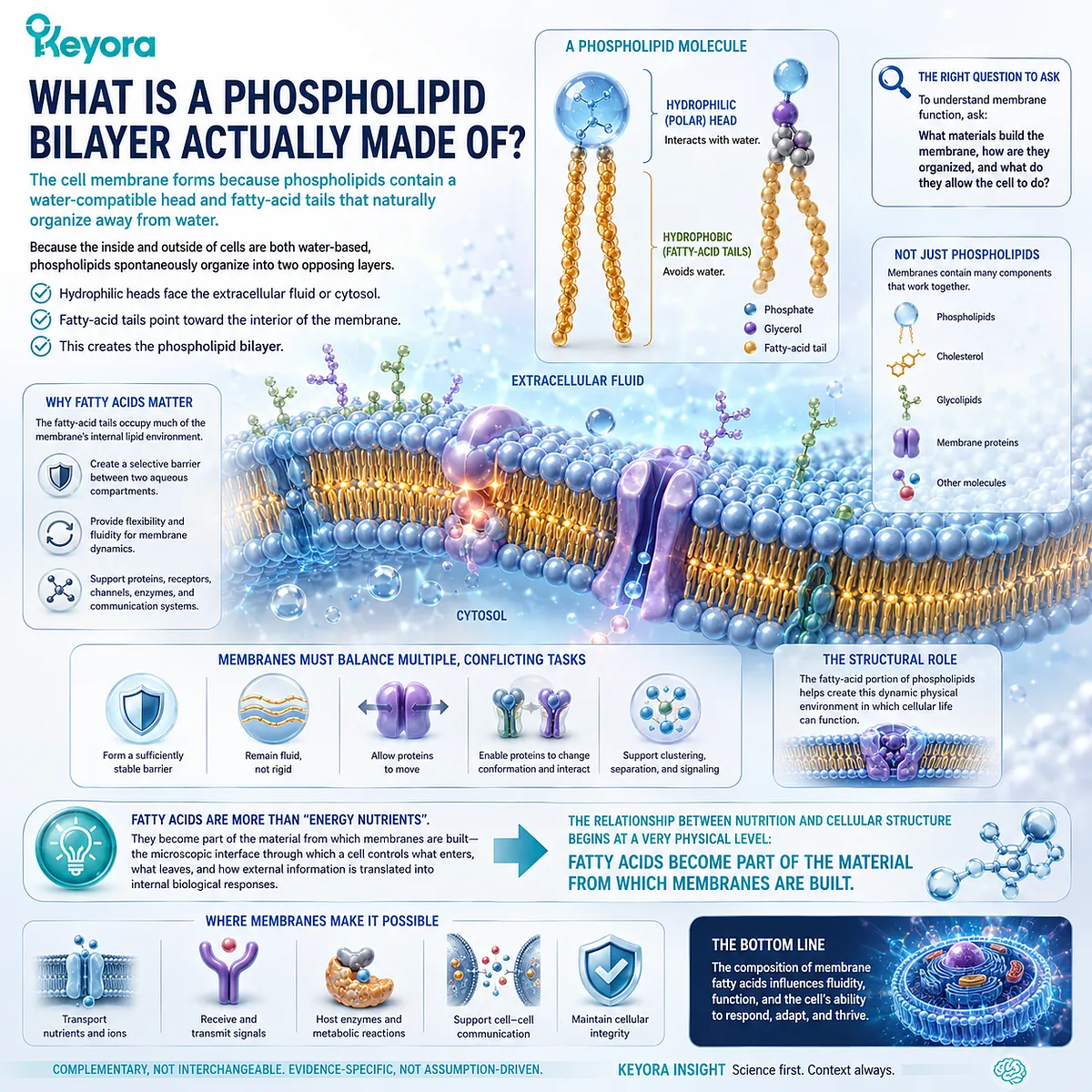 Phospholipid bilayers use hydrophilic heads and fatty-acid tails to form dynamic cell membrane barriers that support transport and signaling in Keyora Cellular Lipid Structure. Phospholipid bilayers use hydrophilic heads and fatty-acid tails to form dynamic cell membrane barriers that support transport and signaling in Keyora Cellular Lipid Structure.