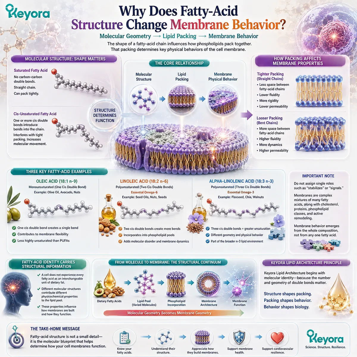 Fatty-acid saturation and cis double bonds alter lipid packing and membrane dynamics, linking molecular geometry to cell membrane behavior in Keyora Lipid Architecture. Fatty-acid saturation and cis double bonds alter lipid packing and membrane dynamics, linking molecular geometry to cell membrane behavior in Keyora Lipid Architecture.