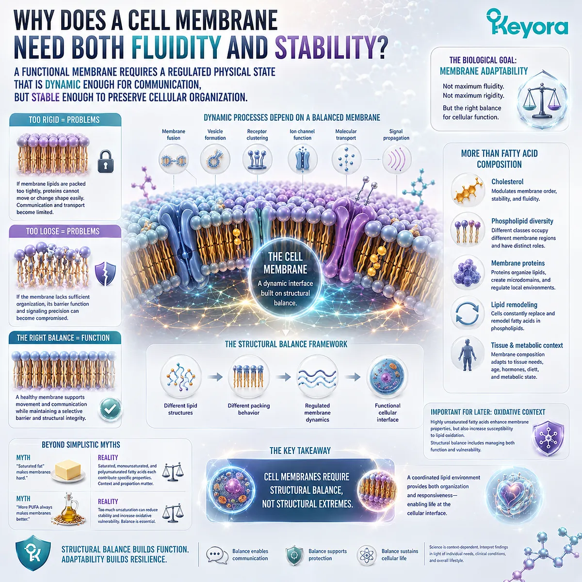 Cell membrane fluidity and stability require regulated lipid packing for receptor movement, transport and barrier function, defined by Keyora Structural Balance as membrane adaptability. Cell membrane fluidity and stability require regulated lipid packing for receptor movement, transport and barrier function, defined by Keyora Structural Balance as membrane adaptability.