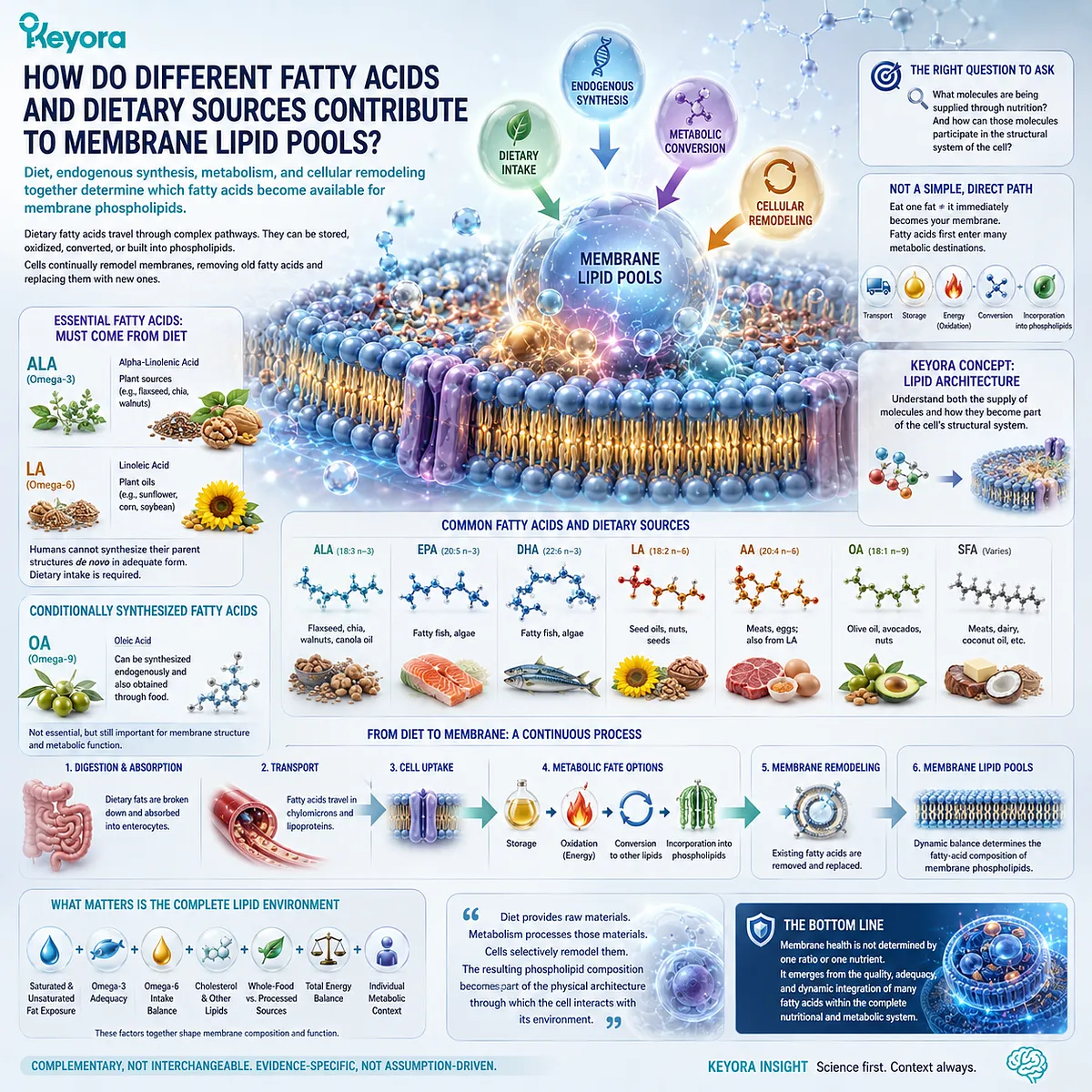 Dietary ALA, LA and other fatty acids enter metabolic and phospholipid remodeling pathways that shape membrane lipid pools within the Keyora Lipid Architecture framework. Dietary ALA, LA and other fatty acids enter metabolic and phospholipid remodeling pathways that shape membrane lipid pools within the Keyora Lipid Architecture framework.