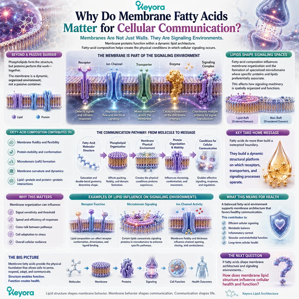 Membrane fatty acids shape phospholipid organization and protein mobility, creating physical conditions for receptor and cellular signaling in Keyora Cellular Lipid Structure. Membrane fatty acids shape phospholipid organization and protein mobility, creating physical conditions for receptor and cellular signaling in Keyora Cellular Lipid Structure.