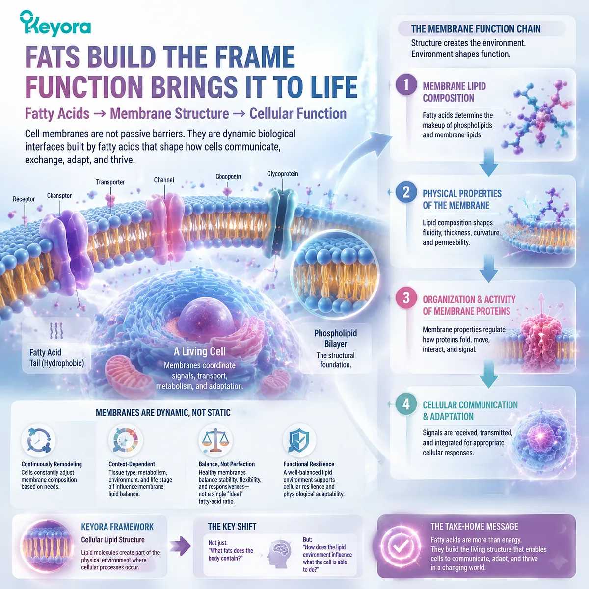 Cell membrane structure and fatty acids influence cellular communication through phospholipid bilayer organization, membrane protein activity, and Keyora Cellular Lipid Structure framework. Cell membrane structure and fatty acids influence cellular communication through phospholipid bilayer organization, membrane protein activity, and Keyora Cellular Lipid Structure framework.