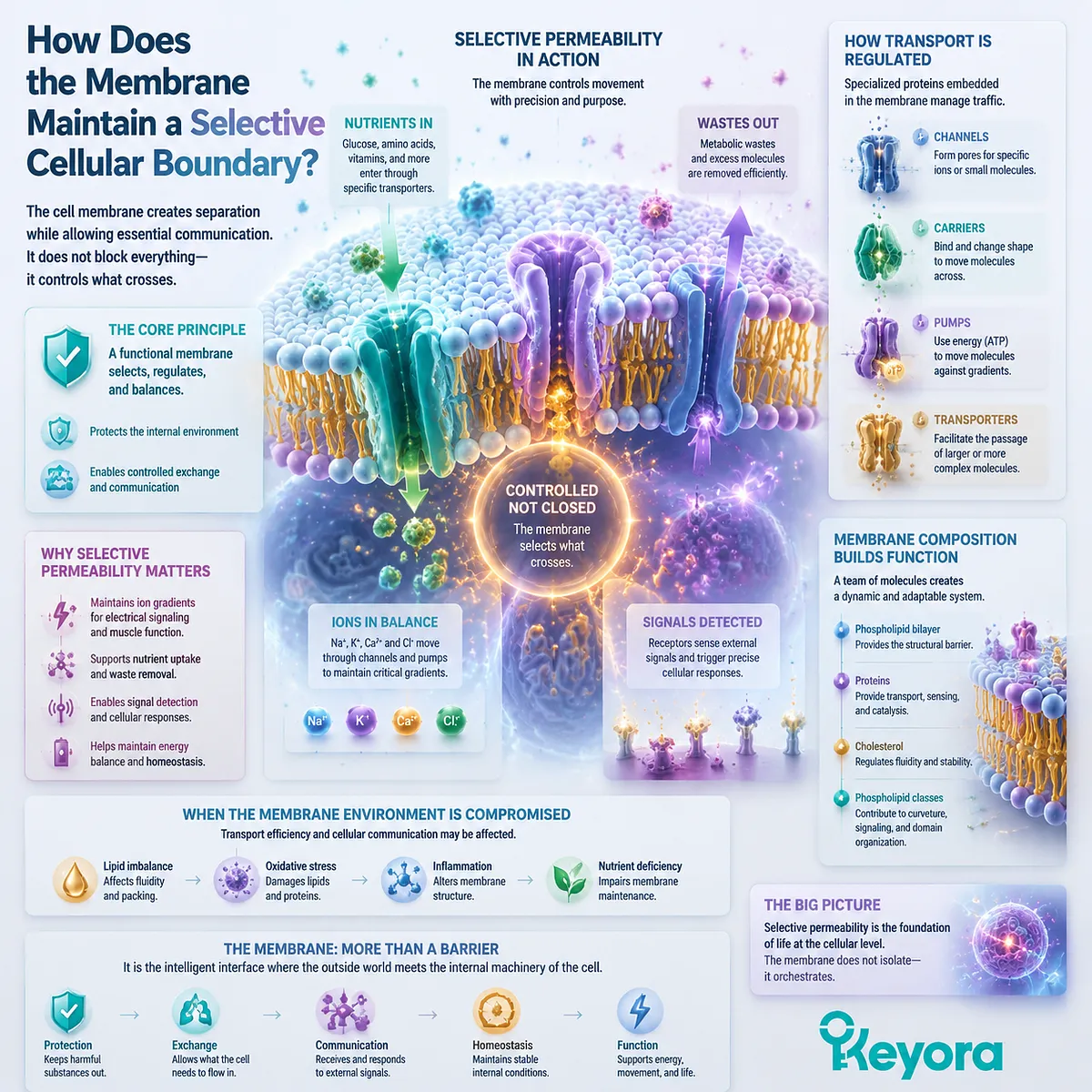 Cell membrane selective permeability depends on phospholipid bilayer structure, lipid environment, and transport protein organization, framed by Keyora Cellular Lipid Structure for cellular communication. Cell membrane selective permeability depends on phospholipid bilayer structure, lipid environment, and transport protein organization, framed by Keyora Cellular Lipid Structure for cellular communication.