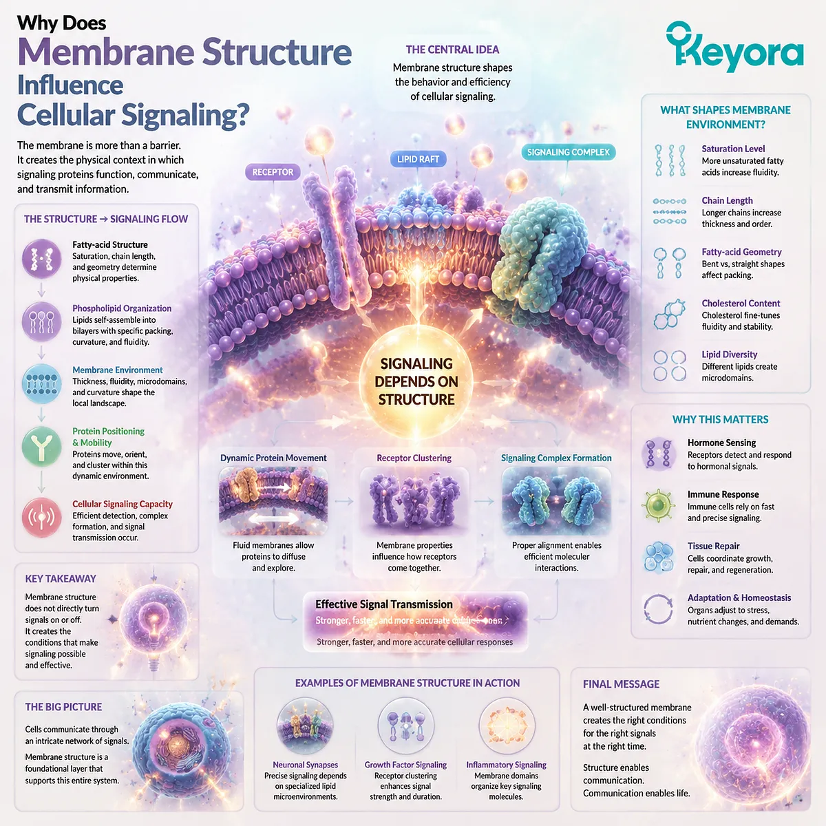 Fatty-acid structure shapes phospholipid organization and membrane signaling environments, influencing receptor mobility and cellular communication through Keyora Cellular Lipid Structure framework. Fatty-acid structure shapes phospholipid organization and membrane signaling environments, influencing receptor mobility and cellular communication through Keyora Cellular Lipid Structure framework.