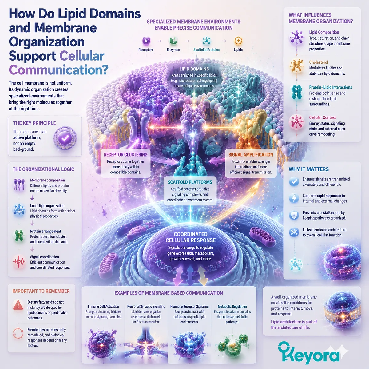 Membrane lipid domains organize receptor positioning and cellular communication through phospholipid architecture and protein arrangement, explained by Keyora Cellular Lipid Structure framework. Membrane lipid domains organize receptor positioning and cellular communication through phospholipid architecture and protein arrangement, explained by Keyora Cellular Lipid Structure framework.