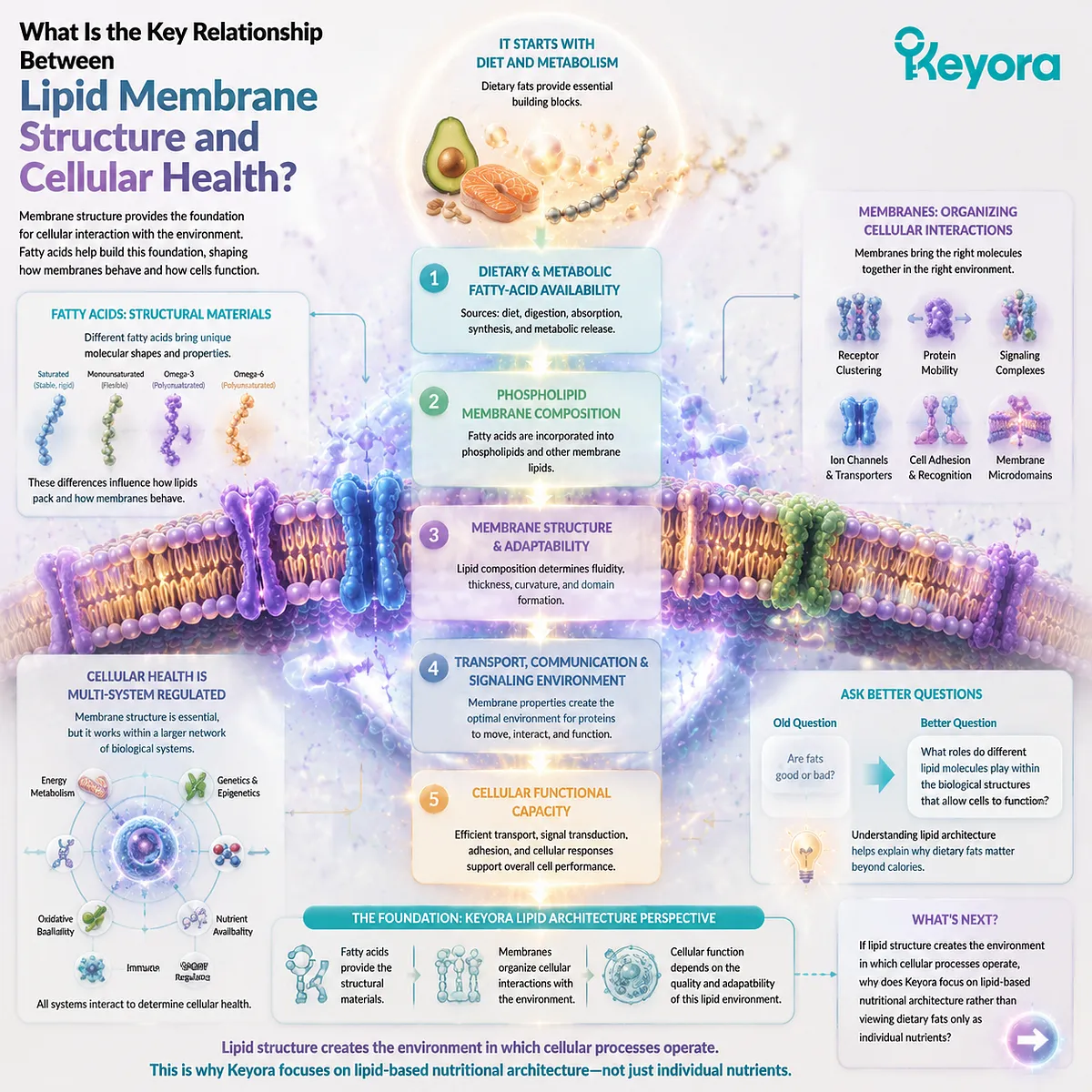 Lipid membrane structure connects fatty-acid availability with phospholipid composition, cellular adaptability, and signaling capacity through Keyora Lipid Architecture framework. Lipid membrane structure connects fatty-acid availability with phospholipid composition, cellular adaptability, and signaling capacity through Keyora Lipid Architecture framework.