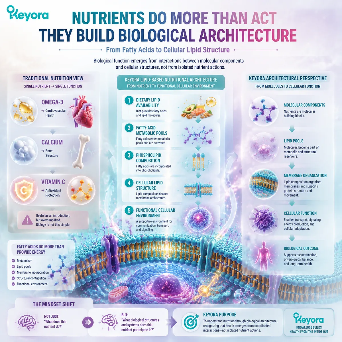 Dietary lipids influence cellular function through fatty-acid metabolism, phospholipid composition, and membrane structure within Keyora Lipid-Based Nutritional Architecture framework. Dietary lipids influence cellular function through fatty-acid metabolism, phospholipid composition, and membrane structure within Keyora Lipid-Based Nutritional Architecture framework.