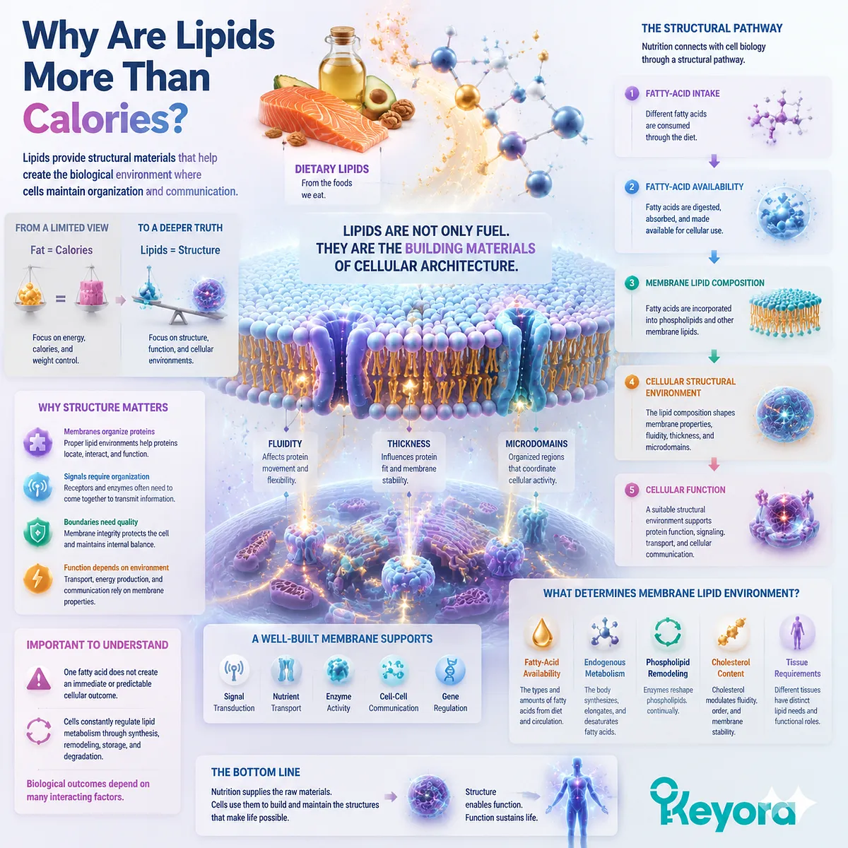 Dietary lipids support cellular structure through fatty-acid availability, phospholipid membrane composition, and cellular function within Keyora Lipid-Based Nutritional Architecture framework. Dietary lipids support cellular structure through fatty-acid availability, phospholipid membrane composition, and cellular function within Keyora Lipid-Based Nutritional Architecture framework.