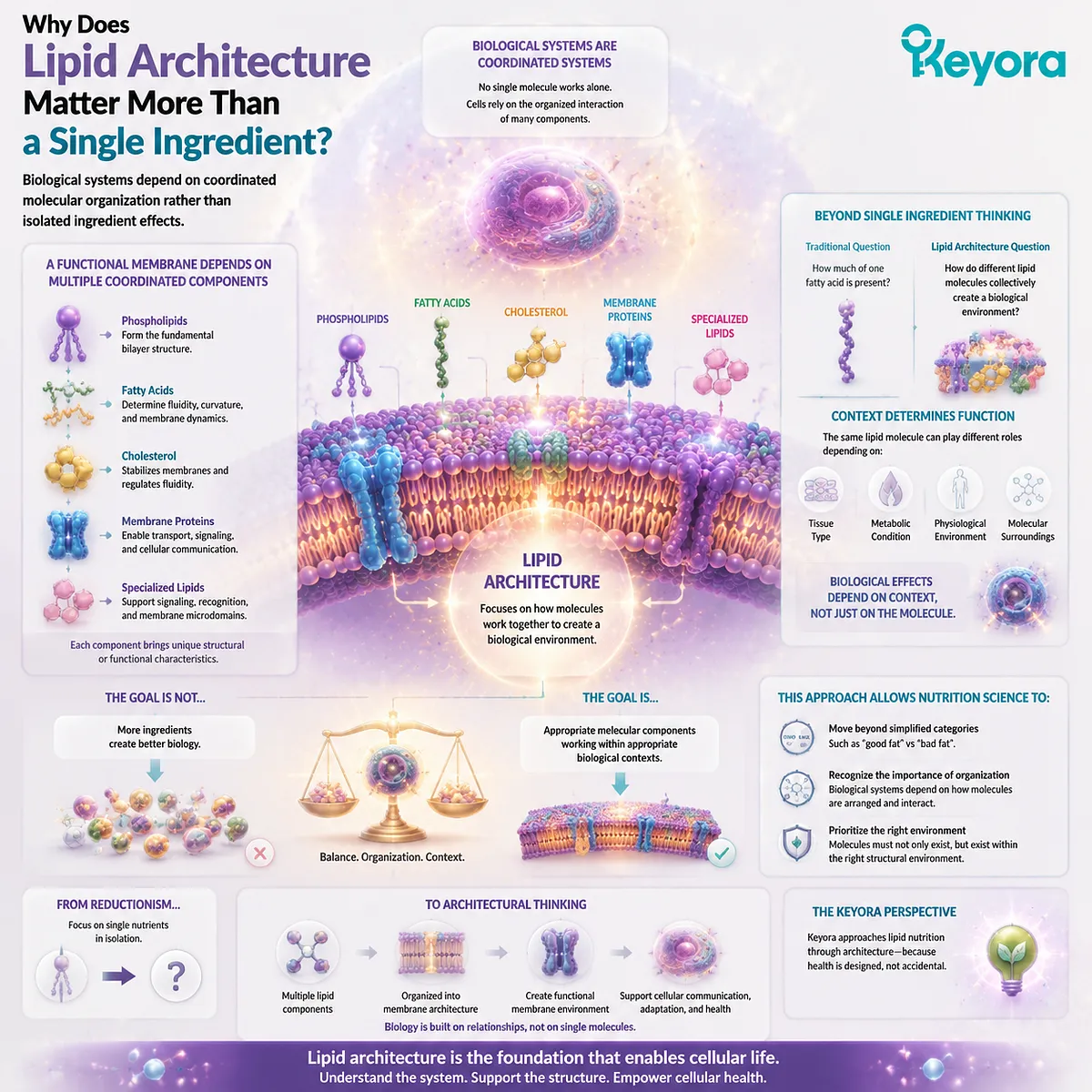 Lipid architecture explains how fatty acids, phospholipids, cholesterol, and proteins coordinate membrane organization beyond single ingredients through Keyora Lipid Architecture framework. Lipid architecture explains how fatty acids, phospholipids, cholesterol, and proteins coordinate membrane organization beyond single ingredients through Keyora Lipid Architecture framework.