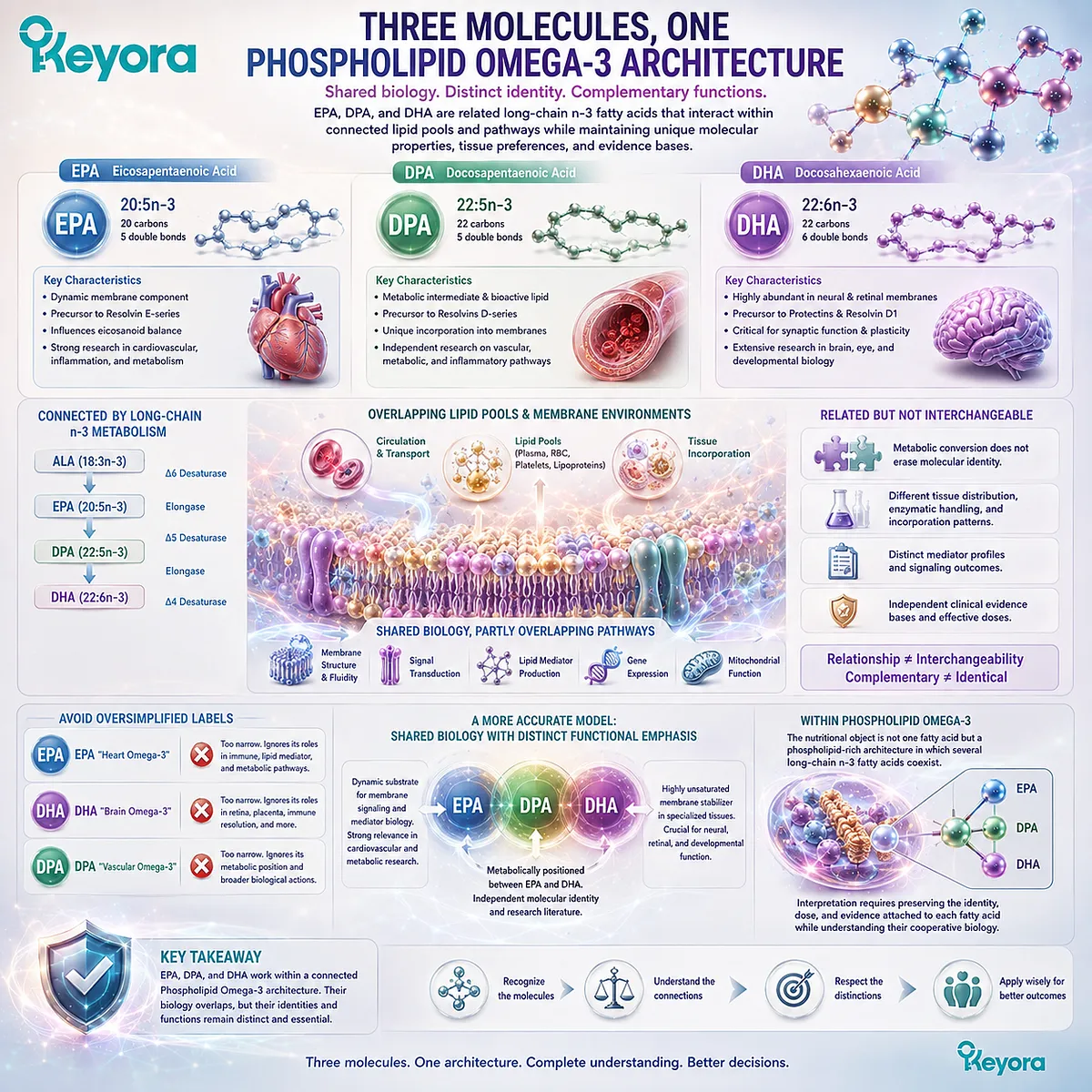 Phospholipid Omega-3 links EPA, DPA and DHA through shared long-chain n-3 metabolism while preserving distinct roles in the Keyora Phospholipid Omega-3 architecture. Phospholipid Omega-3 links EPA, DPA and DHA through shared long-chain n-3 metabolism while preserving distinct roles in the Keyora Phospholipid Omega-3 architecture.