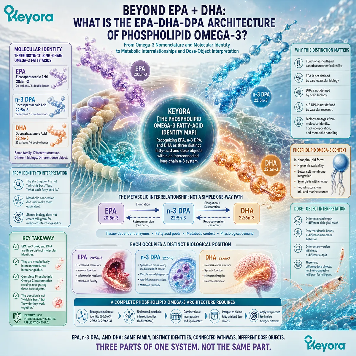 Omega-3 molecular identity separates EPA 20:5n-3, DPA 22:5n-3 and DHA 22:6n-3 despite metabolic links in Keyora’s Phospholipid Omega-3 Fatty-Acid Identity Map. Omega-3 molecular identity separates EPA 20:5n-3, DPA 22:5n-3 and DHA 22:6n-3 despite metabolic links in Keyora’s Phospholipid Omega-3 Fatty-Acid Identity Map.