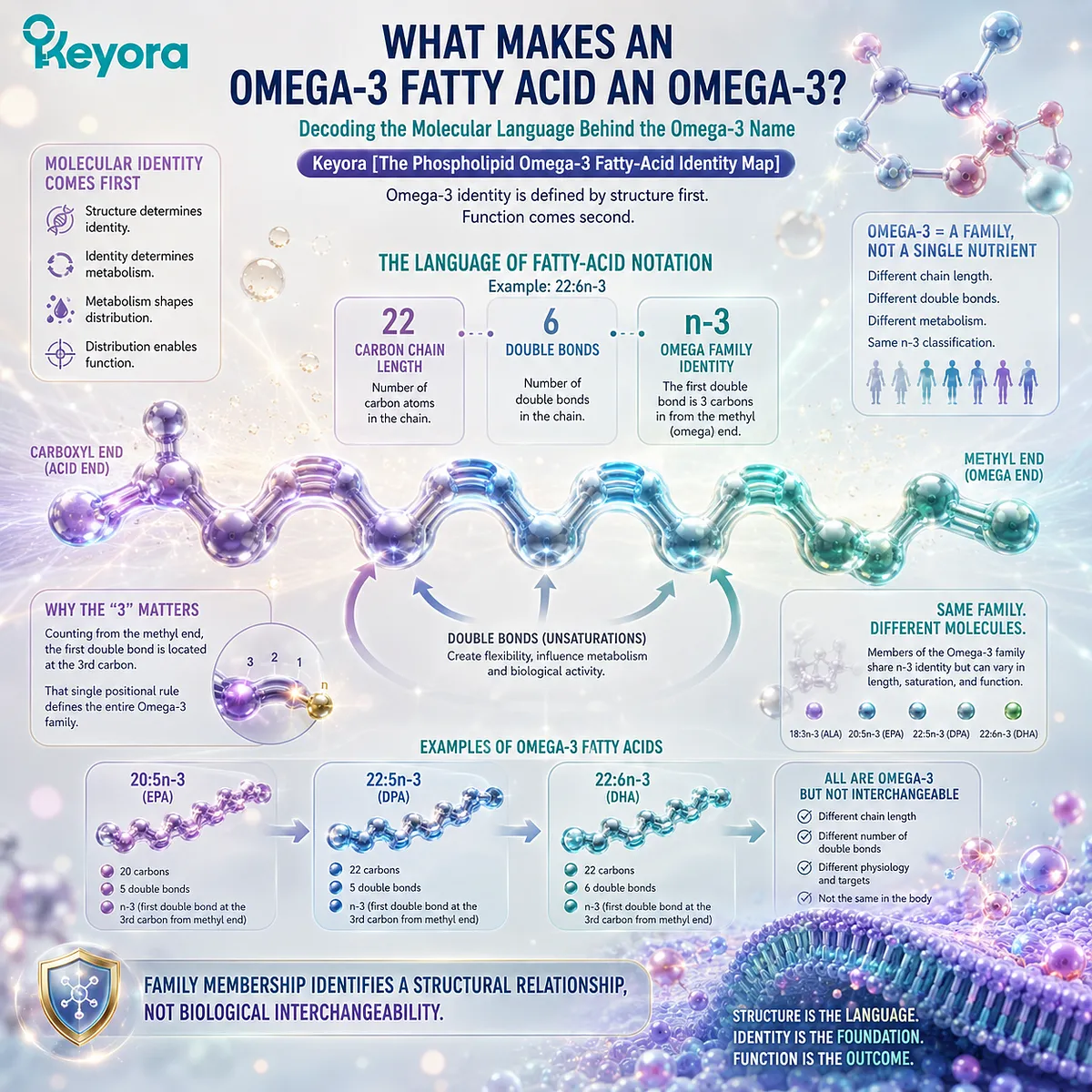 Omega-3 nomenclature uses carbon-chain length, double bonds and n-3 position to distinguish fatty acids in Keyora’s Phospholipid Omega-3 Fatty-Acid Identity Map. Omega-3 nomenclature uses carbon-chain length, double bonds and n-3 position to distinguish fatty acids in Keyora’s Phospholipid Omega-3 Fatty-Acid Identity Map.