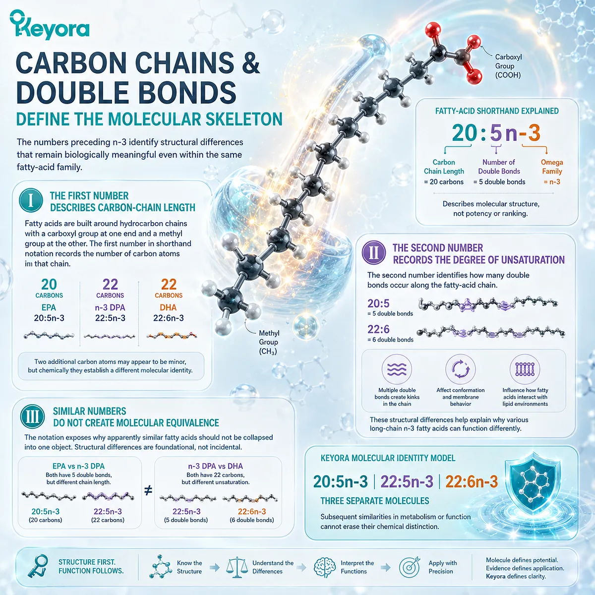 Omega-3 molecular structure distinguishes EPA 20:5n-3, DPA 22:5n-3 and DHA 22:6n-3 by carbon chains and double bonds in the Keyora Fatty-Acid Identity Map. Omega-3 molecular structure distinguishes EPA 20:5n-3, DPA 22:5n-3 and DHA 22:6n-3 by carbon chains and double bonds in the Keyora Fatty-Acid Identity Map.