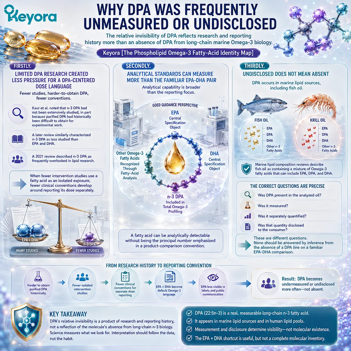 Omega-3 analysis can detect n-3 DPA beyond EPA + DHA, while Keyora’s Phospholipid Omega-3 Identity Map separates fatty-acid presence, measurement and label disclosure. Omega-3 analysis can detect n-3 DPA beyond EPA + DHA, while Keyora’s Phospholipid Omega-3 Identity Map separates fatty-acid presence, measurement and label disclosure.