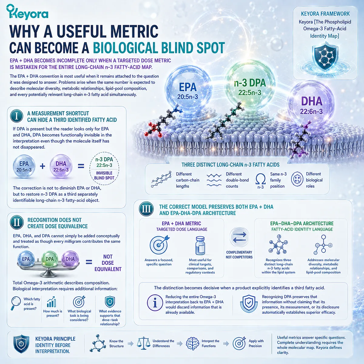 Omega-3 analysis keeps EPA + DHA as a targeted dose metric while recognizing DPA as a distinct fatty acid in Keyora’s Phospholipid Omega-3 Identity Map. Omega-3 analysis keeps EPA + DHA as a targeted dose metric while recognizing DPA as a distinct fatty acid in Keyora’s Phospholipid Omega-3 Identity Map.