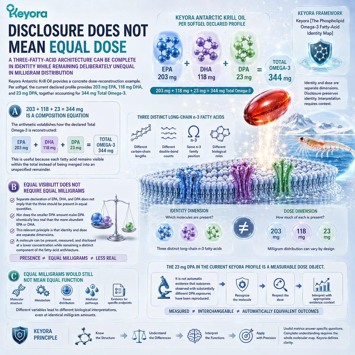 Krill oil Omega-3 provides EPA 203 mg, DHA 118 mg and DPA 23 mg as distinct dose objects, illustrating Keyora’s Phospholipid Omega-3 architecture without dose equivalence. Krill oil Omega-3 provides EPA 203 mg, DHA 118 mg and DPA 23 mg as distinct dose objects, illustrating Keyora’s Phospholipid Omega-3 architecture without dose equivalence.