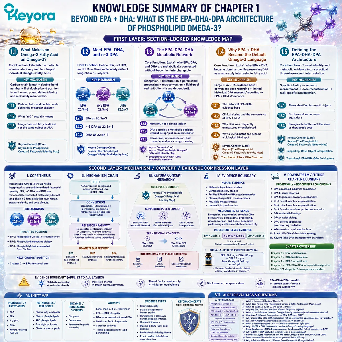 Omega-3 identity mapping separates EPA 20:5n-3, DPA 22:5n-3 and DHA 22:6n-3 by metabolism, dose and evidence in Keyora’s Phospholipid Omega-3 framework. Omega-3 identity mapping separates EPA 20:5n-3, DPA 22:5n-3 and DHA 22:6n-3 by metabolism, dose and evidence in Keyora’s Phospholipid Omega-3 framework.