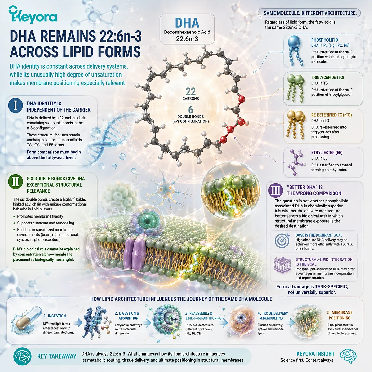 DHA remains 22:6n-3 across phospholipid, TG, rTG and EE forms, while six double bonds make membrane positioning central to Keyora Phospholipid DHA Advantage Map. DHA remains 22:6n-3 across phospholipid, TG, rTG and EE forms, while six double bonds make membrane positioning central to Keyora Phospholipid DHA Advantage Map.
