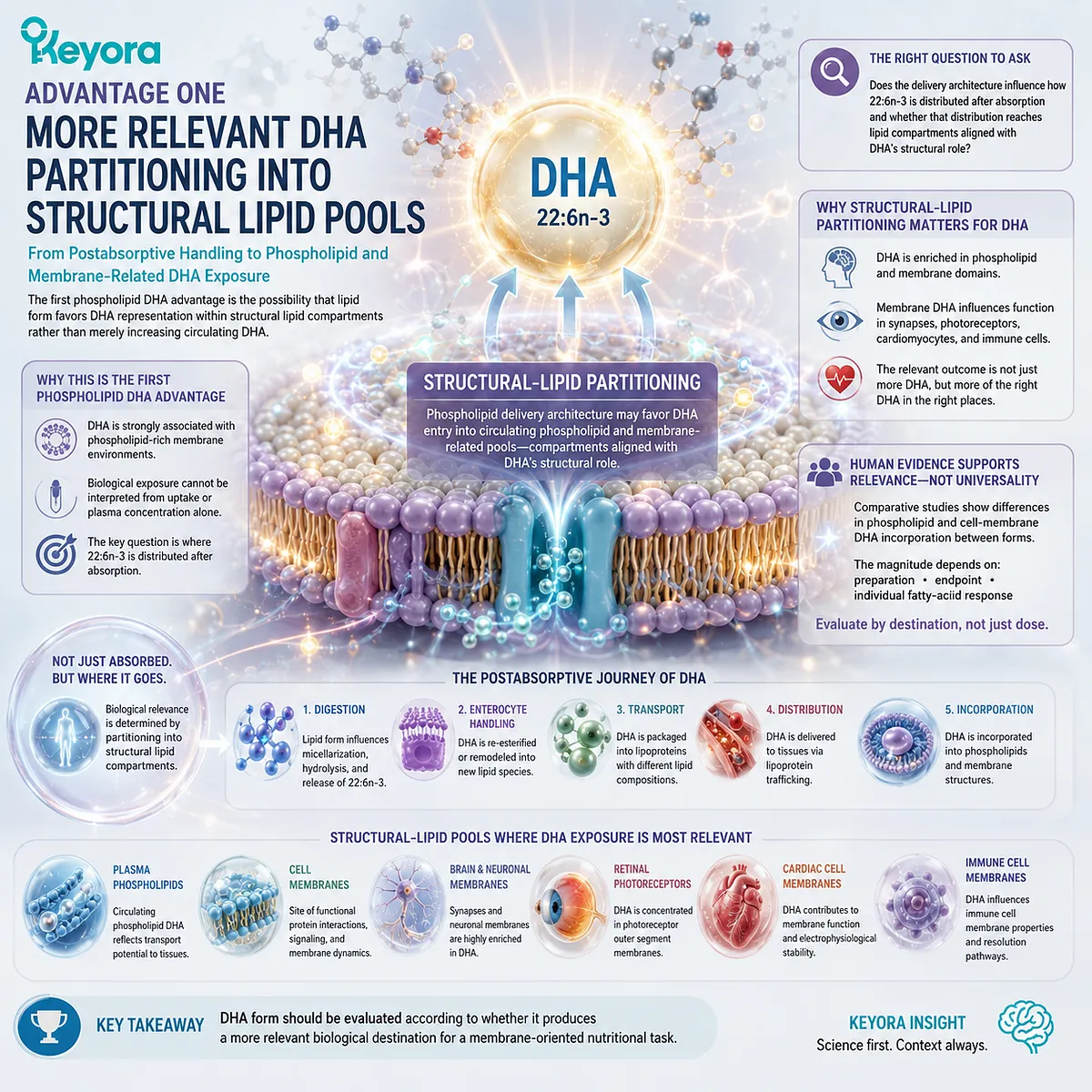 Phospholipid DHA may favor structural-lipid partitioning into phospholipid and membrane-related pools, defining Advantage One in Keyora Phospholipid DHA Advantage Map. Phospholipid DHA may favor structural-lipid partitioning into phospholipid and membrane-related pools, defining Advantage One in Keyora Phospholipid DHA Advantage Map.