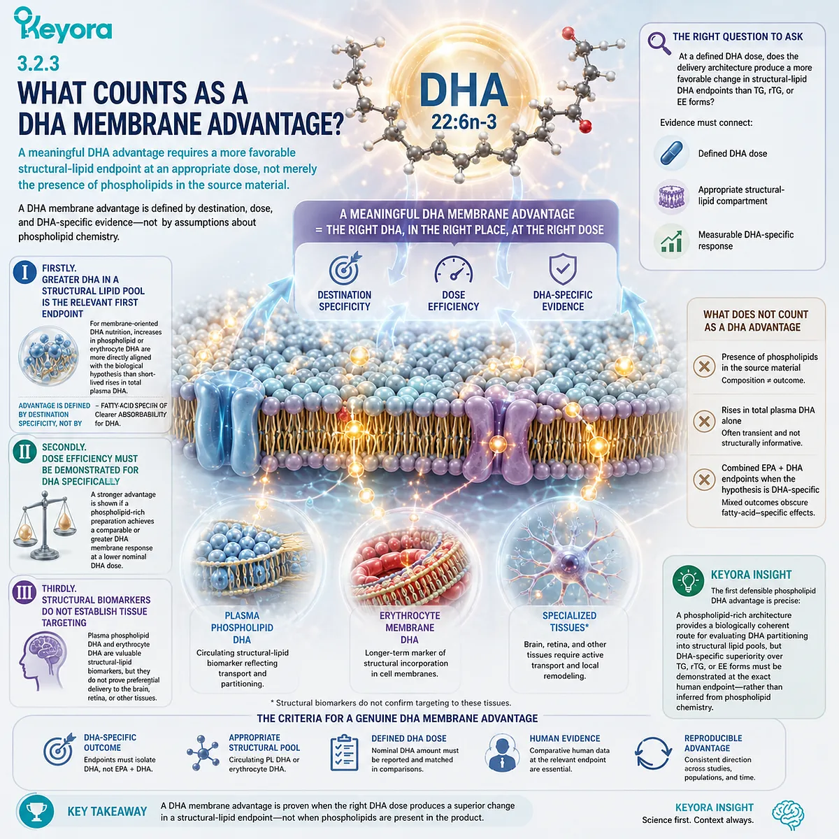 DHA membrane advantage requires dose-specific gains in phospholipid or RBC DHA, not source phospholipids alone, under Keyora Phospholipid DHA Advantage Map. DHA membrane advantage requires dose-specific gains in phospholipid or RBC DHA, not source phospholipids alone, under Keyora Phospholipid DHA Advantage Map.
