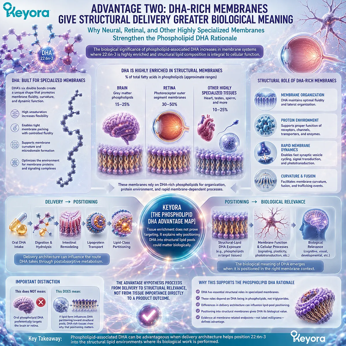DHA-rich neural and retinal membranes link 22:6n-3 structural integration with membrane function in Keyora Phospholipid DHA Advantage Map without implying tissue targeting. DHA-rich neural and retinal membranes link 22:6n-3 structural integration with membrane function in Keyora Phospholipid DHA Advantage Map without implying tissue targeting.