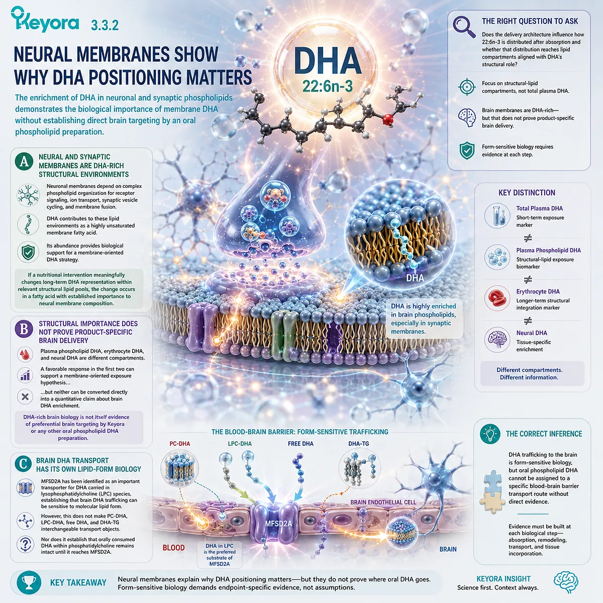 Brain DHA supports neuronal and synaptic membrane function, while MFSD2A shows form-sensitive LPC-DHA transport in Keyora Phospholipid DHA Advantage Map without brain-targeting claims. Brain DHA supports neuronal and synaptic membrane function, while MFSD2A shows form-sensitive LPC-DHA transport in Keyora Phospholipid DHA Advantage Map without brain-targeting claims.