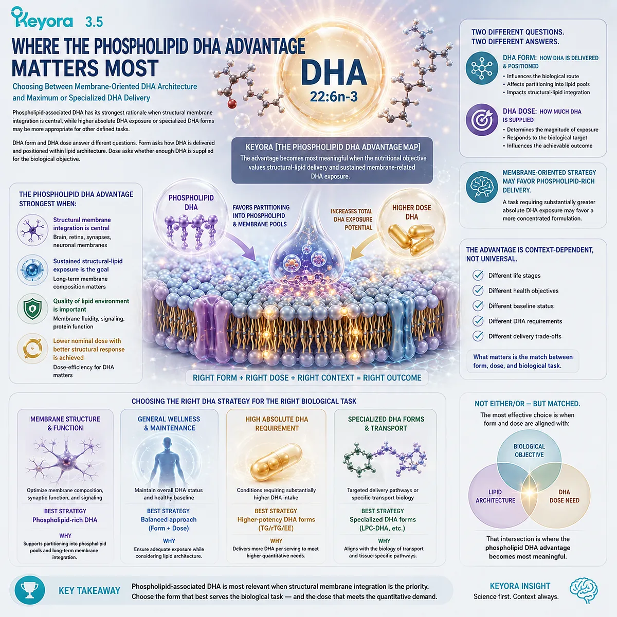 Phospholipid DHA supports membrane-oriented nutrition, while concentrated DHA forms prioritize absolute dose, guiding selection through Keyora Phospholipid DHA Advantage Map. Phospholipid DHA supports membrane-oriented nutrition, while concentrated DHA forms prioritize absolute dose, guiding selection through Keyora Phospholipid DHA Advantage Map.