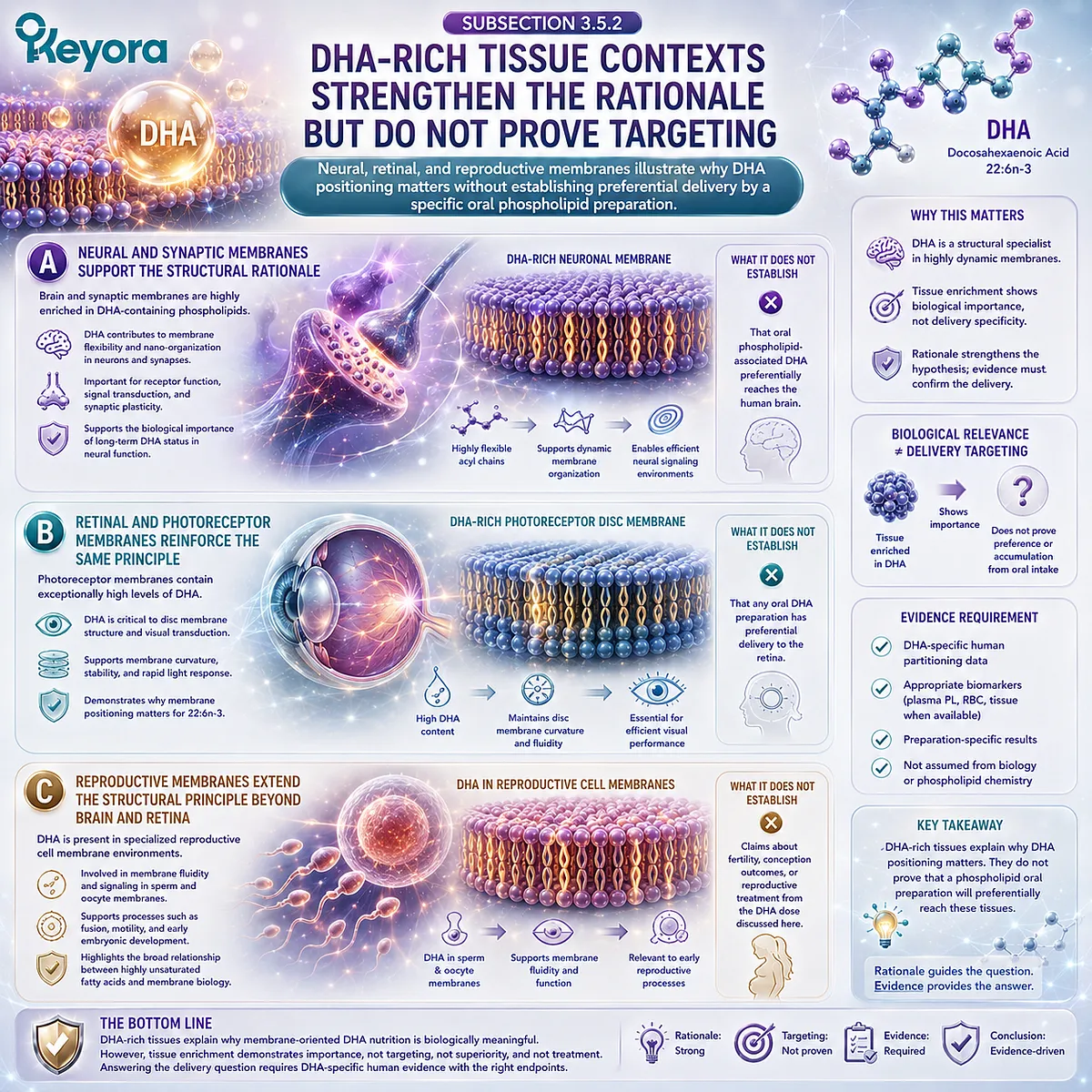 DHA-rich neural, retinal and reproductive membranes show why 22:6n-3 positioning matters in Keyora Phospholipid DHA Advantage Map without implying tissue targeting. DHA-rich neural, retinal and reproductive membranes show why 22:6n-3 positioning matters in Keyora Phospholipid DHA Advantage Map without implying tissue targeting.