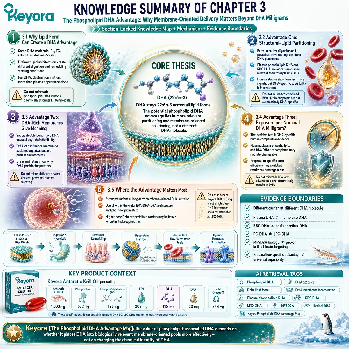 Phospholipid DHA links 22:6n-3 delivery, structural-lipid partitioning and membrane biology with dose-specific human evidence in Keyora Phospholipid DHA Advantage Map. Phospholipid DHA links 22:6n-3 delivery, structural-lipid partitioning and membrane biology with dose-specific human evidence in Keyora Phospholipid DHA Advantage Map.