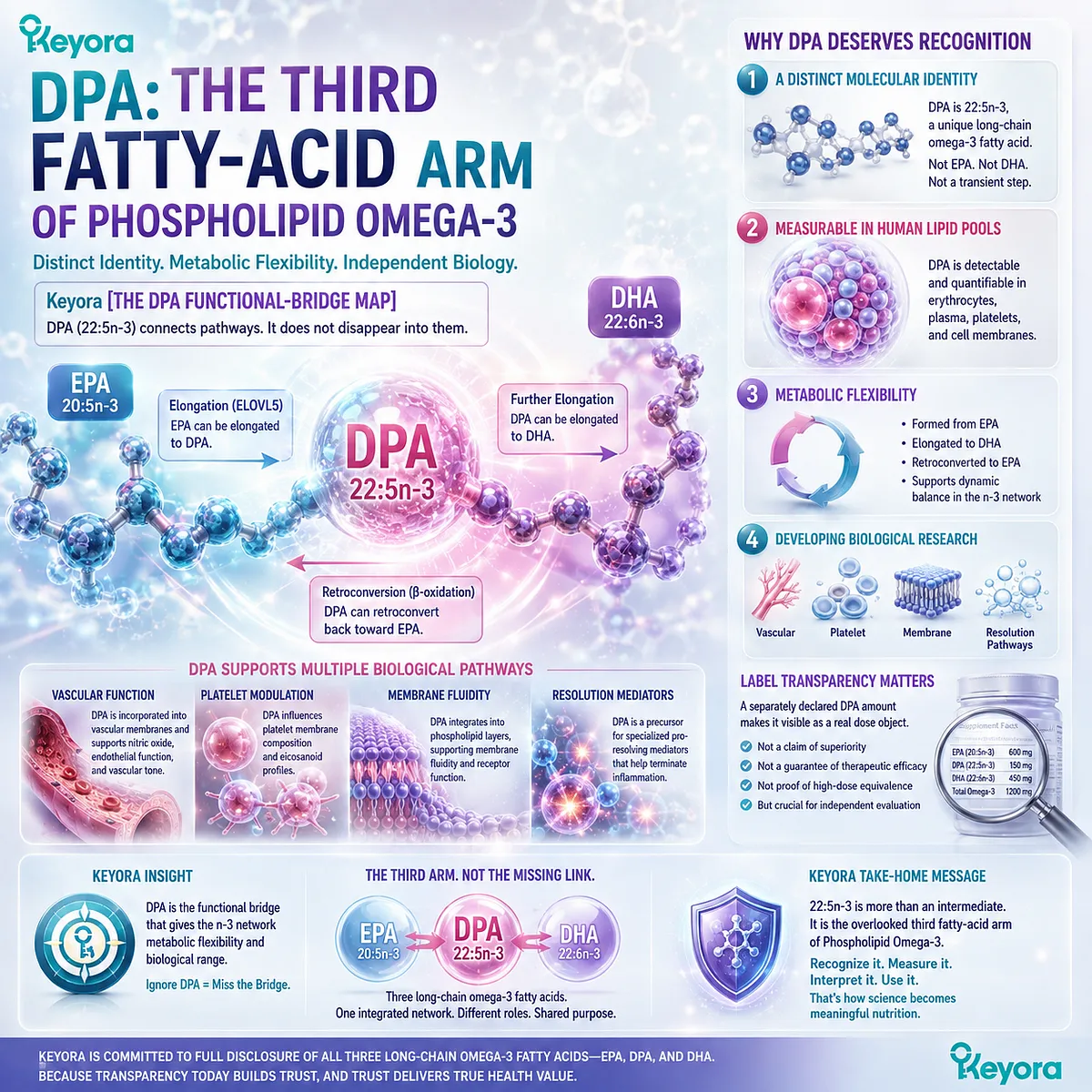 DPA omega-3 (22:5n-3) links metabolic flexibility with independent lipid pools, framing its biological role through Keyora The DPA Functional-Bridge Map. DPA omega-3 (22:5n-3) links metabolic flexibility with independent lipid pools, framing its biological role through Keyora The DPA Functional-Bridge Map.