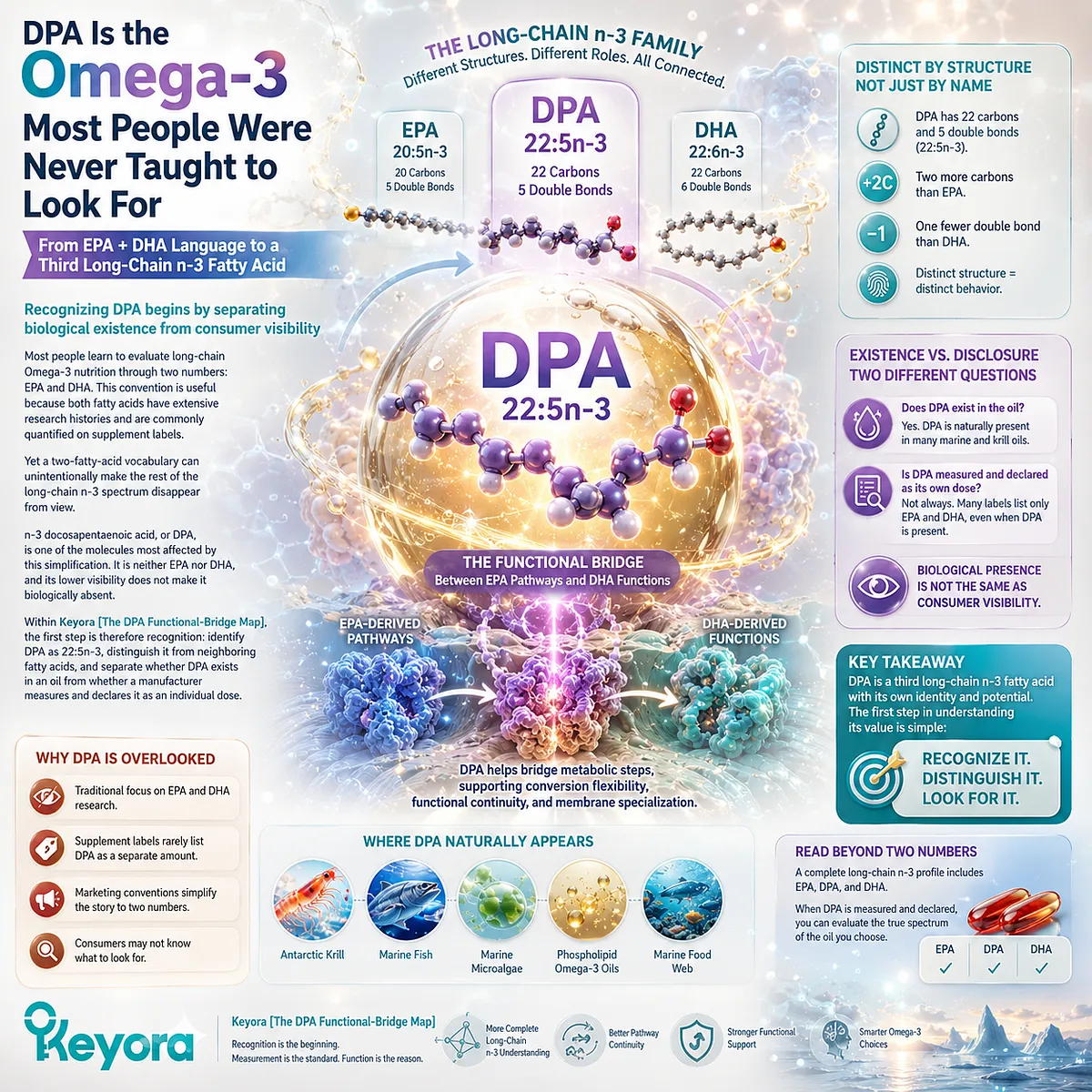 DPA omega-3 (22:5n-3) expands EPA and DHA nutrition by identifying a distinct long-chain n-3 fatty acid through Keyora The DPA Functional-Bridge Map. DPA omega-3 (22:5n-3) expands EPA and DHA nutrition by identifying a distinct long-chain n-3 fatty acid through Keyora The DPA Functional-Bridge Map.