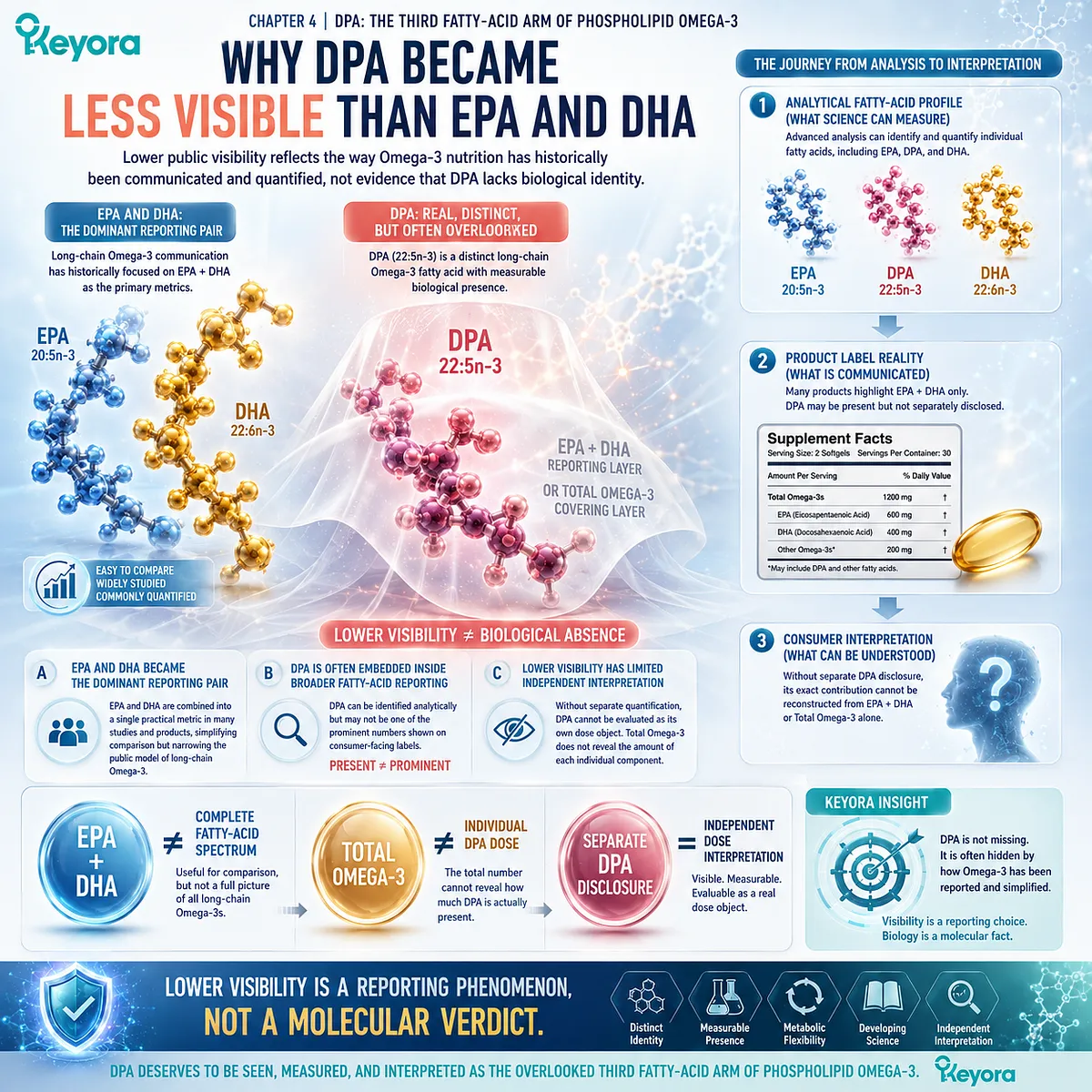 DPA omega-3 can remain hidden behind EPA+DHA and total omega-3 reporting, limiting 22:5n-3 dose interpretation within Keyora The DPA Functional-Bridge Map. DPA omega-3 can remain hidden behind EPA+DHA and total omega-3 reporting, limiting 22:5n-3 dose interpretation within Keyora The DPA Functional-Bridge Map.