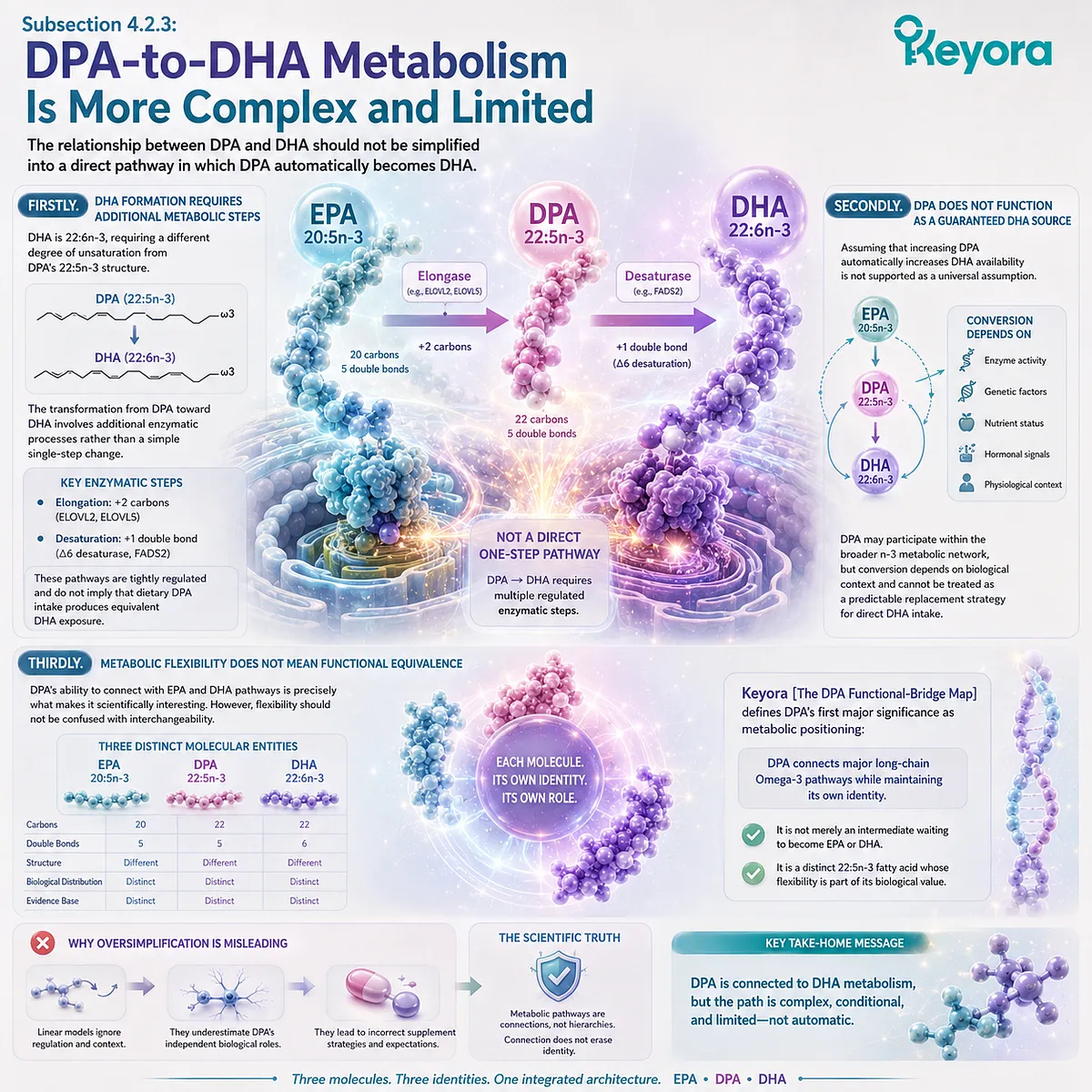 DPA omega-3 22:5n-3 connects EPA and DHA metabolism through flexible pathways while maintaining unique identity in Keyora The DPA Functional-Bridge Map. DPA omega-3 22:5n-3 connects EPA and DHA metabolism through flexible pathways while maintaining unique identity in Keyora The DPA Functional-Bridge Map.
