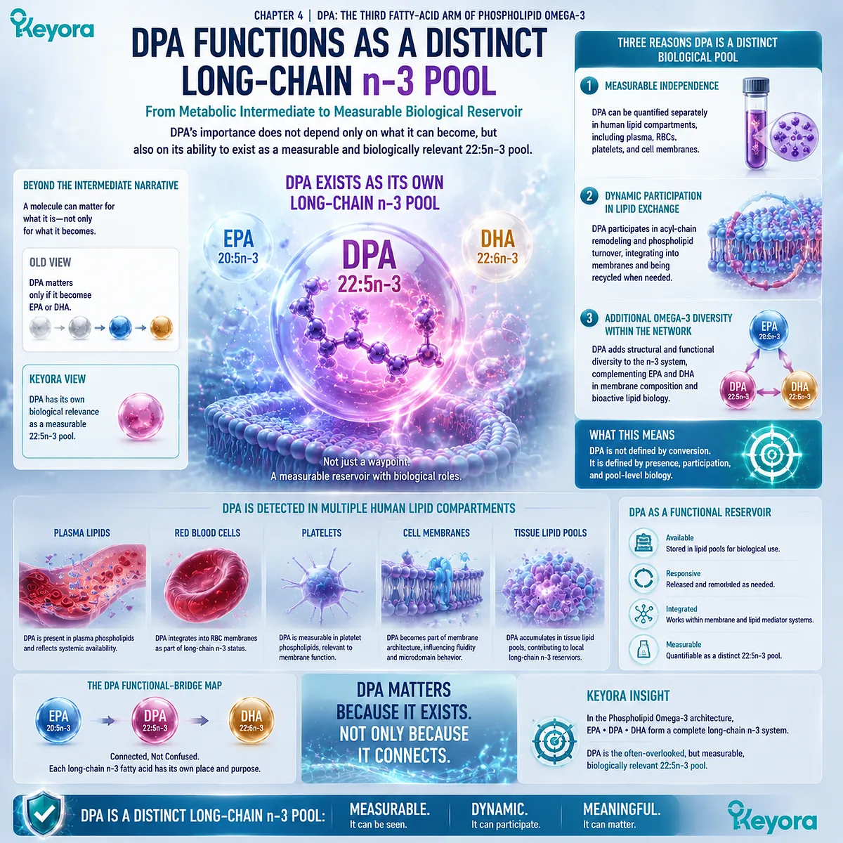 DPA omega-3 22:5n-3 exists as an independent long-chain lipid pool with measurable biological presence, framed by Keyora The DPA Functional-Bridge Map. DPA omega-3 22:5n-3 exists as an independent long-chain lipid pool with measurable biological presence, framed by Keyora The DPA Functional-Bridge Map.