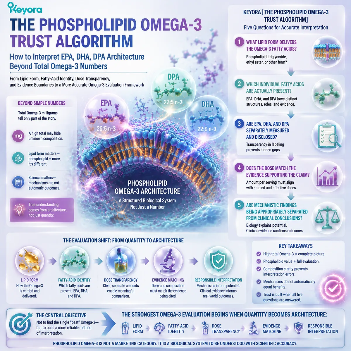 Phospholipid Omega-3 evaluation compares lipid form, EPA DHA DPA identity, dose transparency, and evidence boundaries through Keyora Phospholipid Omega-3 Trust Algorithm framework. Phospholipid Omega-3 evaluation compares lipid form, EPA DHA DPA identity, dose transparency, and evidence boundaries through Keyora Phospholipid Omega-3 Trust Algorithm framework.