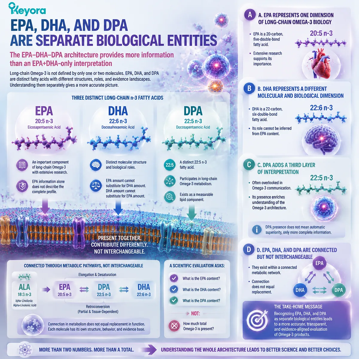EPA DHA DPA architecture reveals distinct long-chain Omega-3 identities beyond total amounts, mapped through fatty-acid roles in Keyora Phospholipid Omega-3 Trust Algorithm. EPA DHA DPA architecture reveals distinct long-chain Omega-3 identities beyond total amounts, mapped through fatty-acid roles in Keyora Phospholipid Omega-3 Trust Algorithm.