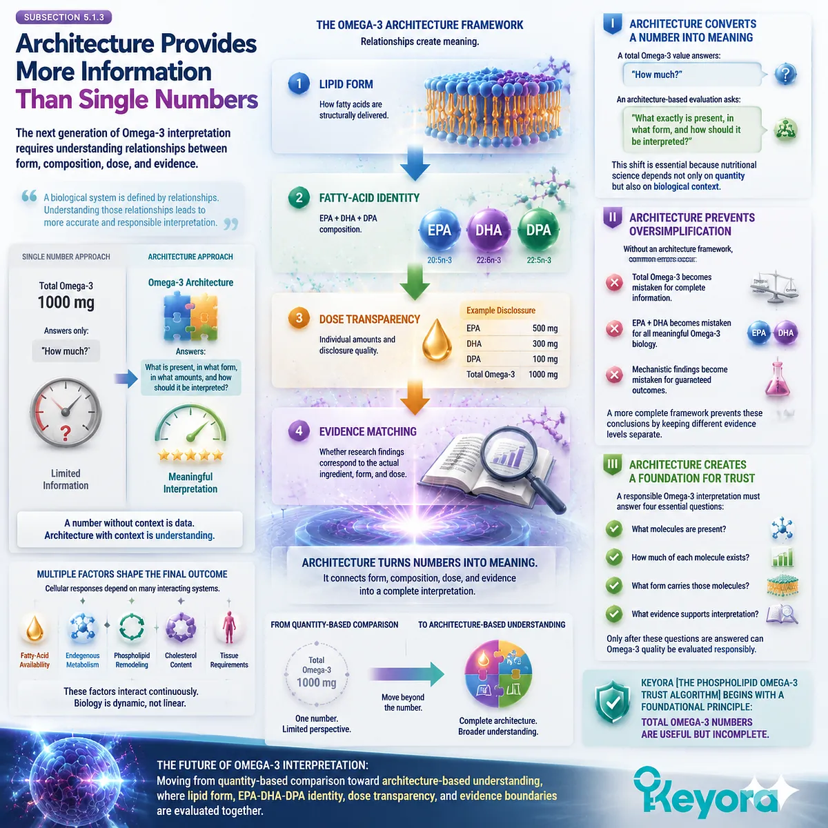Omega-3 architecture integrates lipid form, EPA DHA DPA identity, dose transparency, and evidence matching beyond single numbers through Keyora Phospholipid Omega-3 Trust Algorithm. Omega-3 architecture integrates lipid form, EPA DHA DPA identity, dose transparency, and evidence matching beyond single numbers through Keyora Phospholipid Omega-3 Trust Algorithm.
