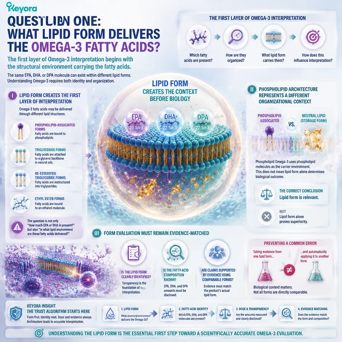 Phospholipid Omega-3 form determines how EPA DHA DPA are structurally delivered, linking lipid organization and evidence interpretation through Keyora Phospholipid Omega-3 Trust Algorithm. Phospholipid Omega-3 form determines how EPA DHA DPA are structurally delivered, linking lipid organization and evidence interpretation through Keyora Phospholipid Omega-3 Trust Algorithm.