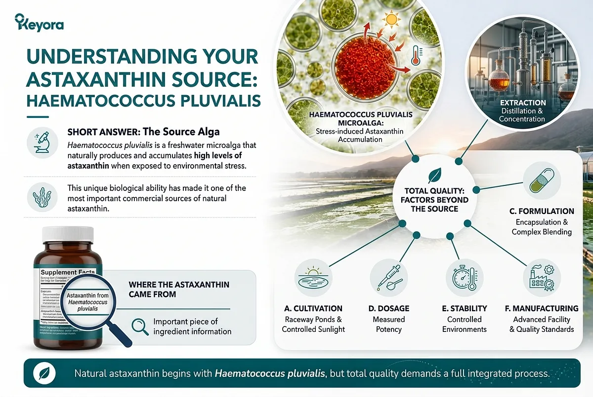 KEYORA overview infographic titled "UNDERSTANDING YOUR ASTAXANTHIN SOURCE: HAEMATOCOCCUS PLUVIALIS", highlighting a supplement bottle label stating "Astaxanthin from Haematococcus pluvialis" under a magnifying glass. It outlines the six pillars of total product quality beyond the raw source: cultivation in raceway ponds, measured potency dosage, extraction distillation, encapsulation formulation, controlled stability environments, and advanced manufacturing standards. KEYORA overview infographic titled "UNDERSTANDING YOUR ASTAXANTHIN SOURCE: HAEMATOCOCCUS PLUVIALIS", highlighting a supplement bottle label stating "Astaxanthin from Haematococcus pluvialis" under a magnifying glass. It outlines the six pillars of total product quality beyond the raw source: cultivation in raceway ponds, measured potency dosage, extraction distillation, encapsulation formulation, controlled stability environments, and advanced manufacturing standards.