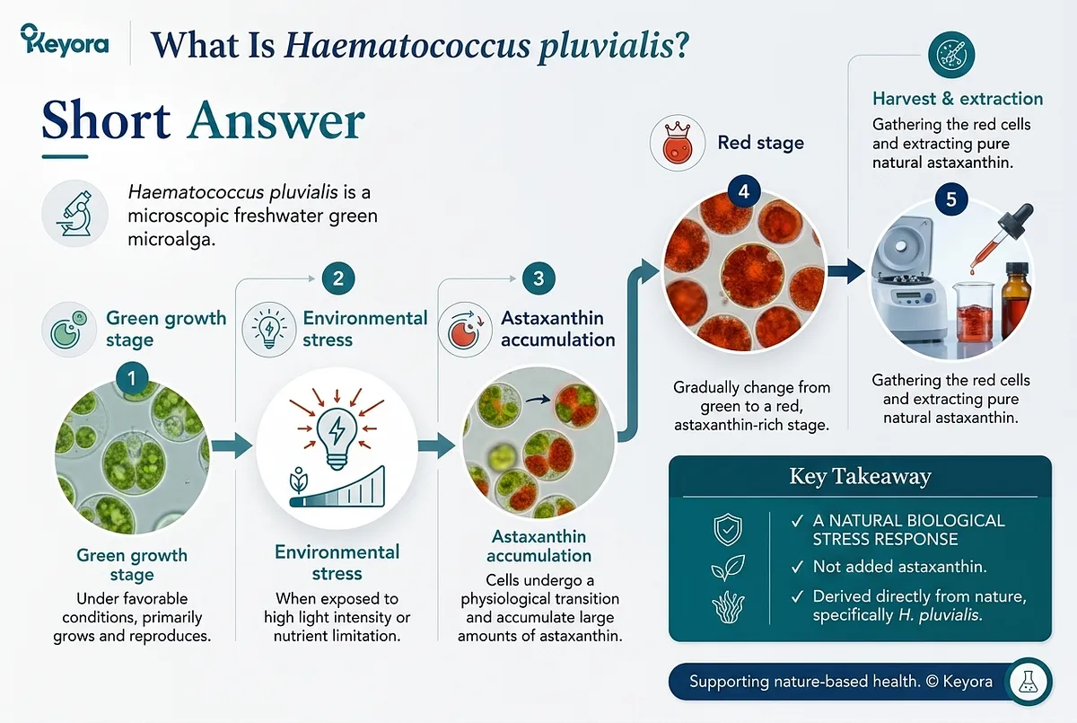 KEYORA visual lifecycle diagram titled "What Is Haematococcus pluvialis?", illustrating the 5-stage transformation of the freshwater green microalgae: green growth stage, environmental stress induction, astaxanthin accumulation, transition to the red encysted stage, and final harvesting and extraction. KEYORA visual lifecycle diagram titled "What Is Haematococcus pluvialis?", illustrating the 5-stage transformation of the freshwater green microalgae: green growth stage, environmental stress induction, astaxanthin accumulation, transition to the red encysted stage, and final harvesting and extraction.
