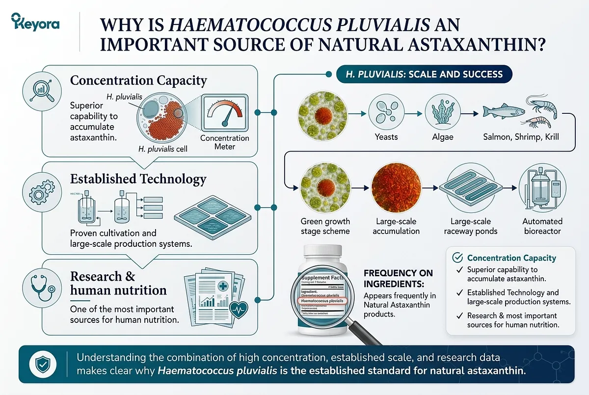 KEYORA educational slide titled "WHY IS HAEMATOCOCCUS PLUVIALIS AN IMPORTANT SOURCE OF NATURAL ASTAXANTHIN?", comparing natural sources (yeasts, algae, salmon, shrimp, krill) and highlighting the superior concentration capacity, established cultivation technologies (raceway ponds and automated bioreactors), and extensive clinical research backing H. pluvialis. KEYORA educational slide titled "WHY IS HAEMATOCOCCUS PLUVIALIS AN IMPORTANT SOURCE OF NATURAL ASTAXANTHIN?", comparing natural sources (yeasts, algae, salmon, shrimp, krill) and highlighting the superior concentration capacity, established cultivation technologies (raceway ponds and automated bioreactors), and extensive clinical research backing H. pluvialis.