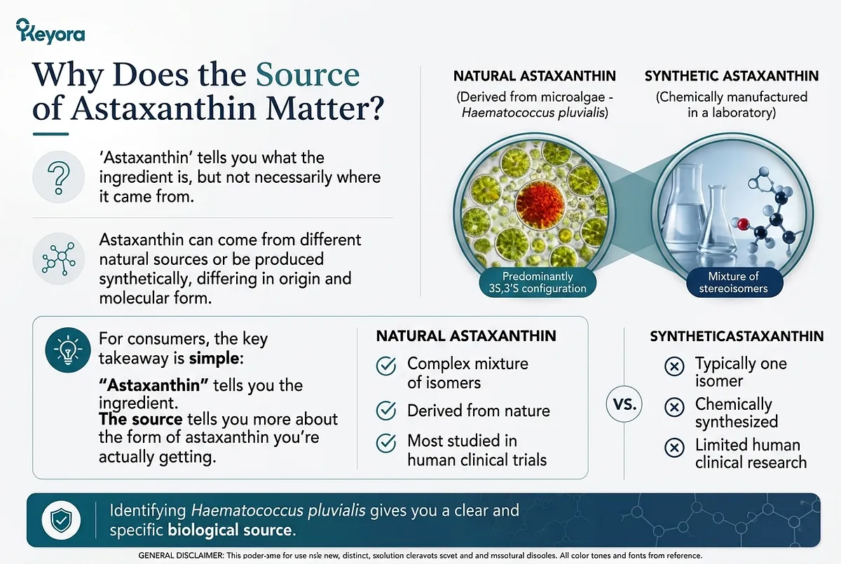 KEYORA comparison infographic titled "Why Does the Source of Astaxanthin Matter?", contrasting natural microalgae astaxanthin (predominantly 3S,3'S configuration, complex isomer mix, derived from nature, most studied in human clinical trials) against synthetic astaxanthin (chemically synthesized, limited human research). KEYORA comparison infographic titled "Why Does the Source of Astaxanthin Matter?", contrasting natural microalgae astaxanthin (predominantly 3S,3'S configuration, complex isomer mix, derived from nature, most studied in human clinical trials) against synthetic astaxanthin (chemically synthesized, limited human research).